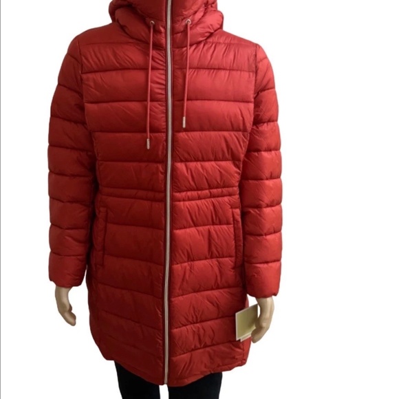 MK Michael Kors Bright Terracotta Women Coat Hooded Puffer Long Jacket XL - Picture 1 of 11